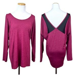 LUCY Burgundy Mesh Shoulder Long Sleeve V Neck Top MEDIUM Yoga Dance Shimmer $65